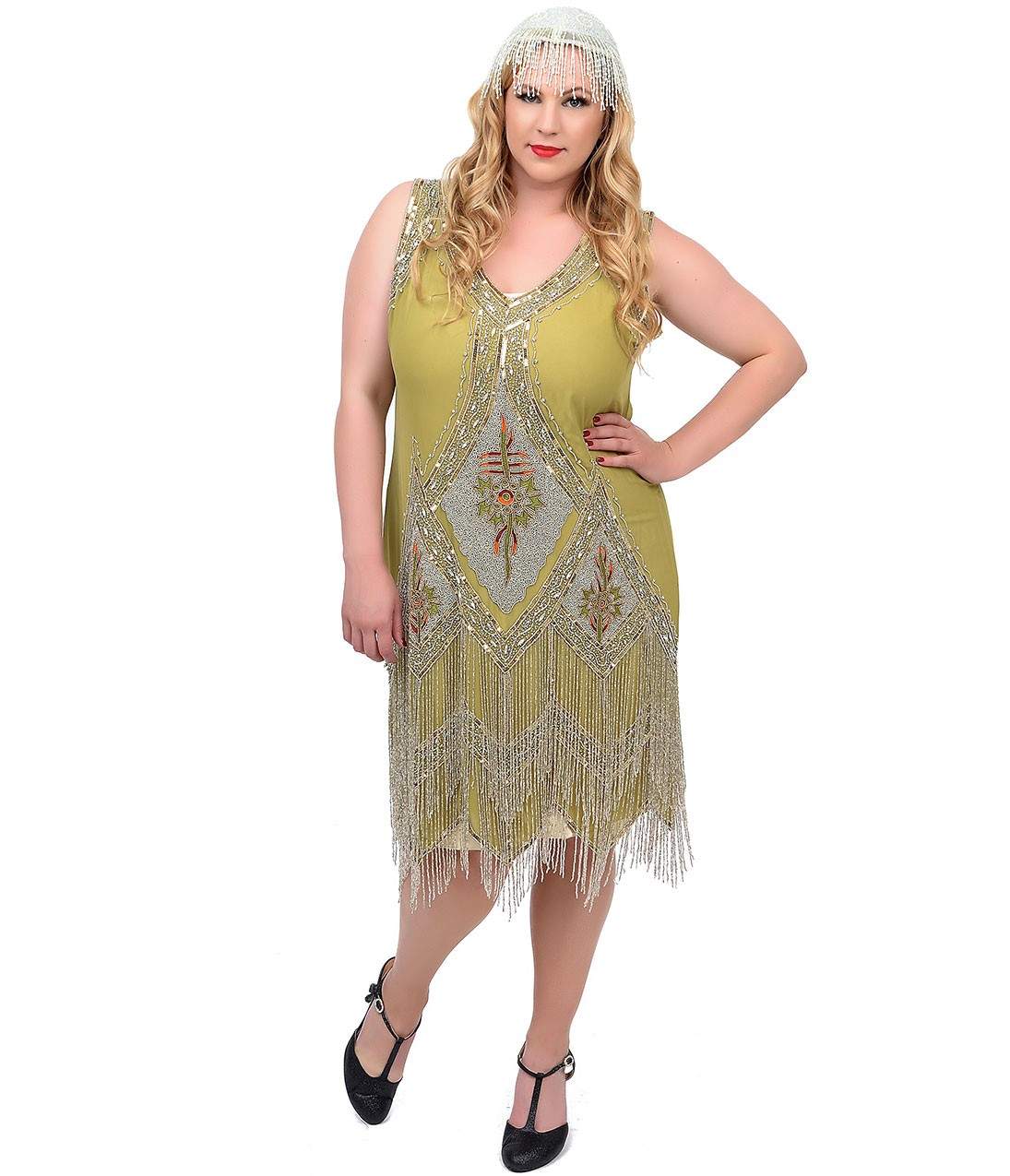 Plus Size 1920s Green & Silver Embroidered Somerset Flapper Dress - Unique Vintage - Womens, FLAPPER, SLEEVELESS BEADED