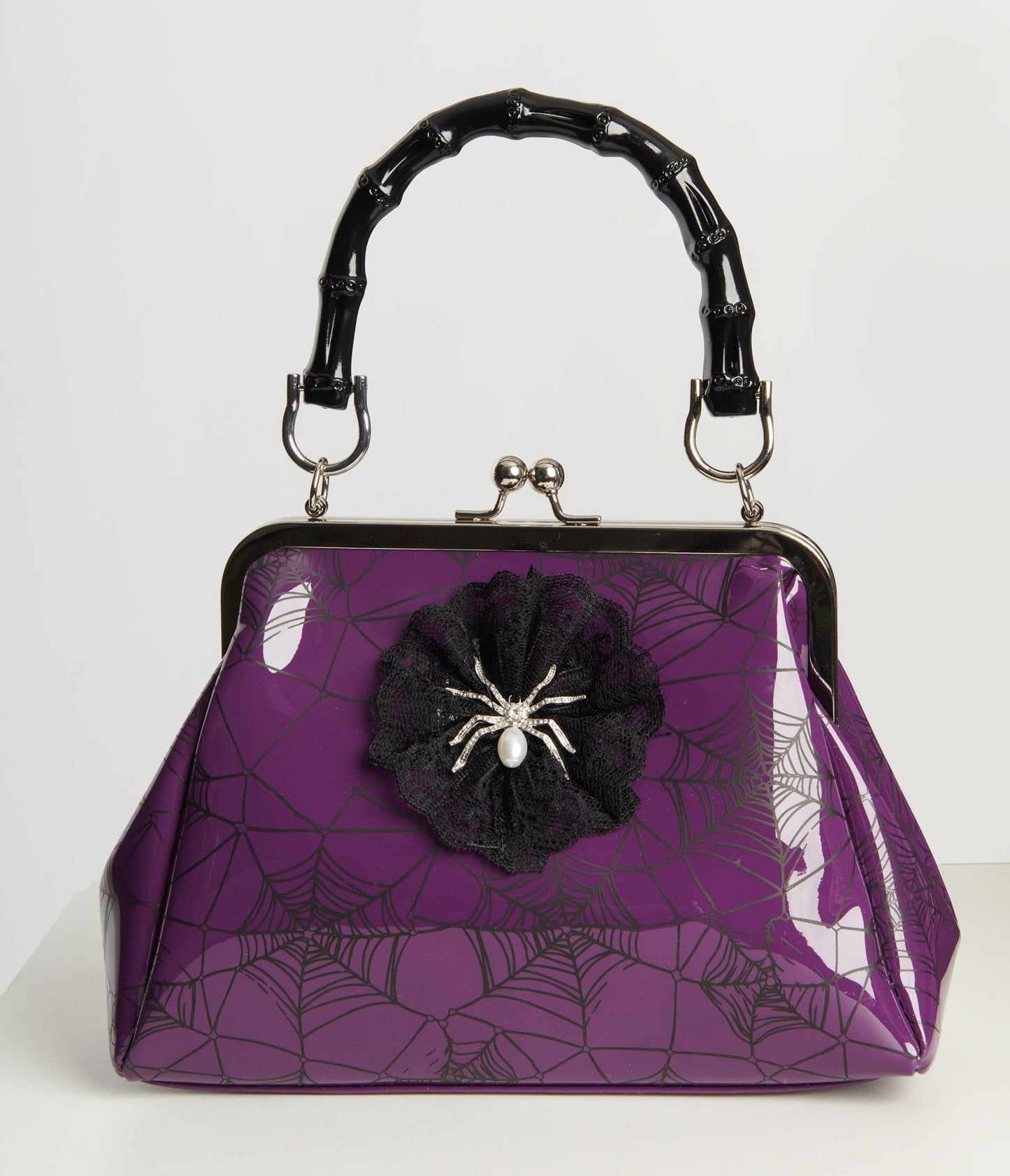 Purple Patent Leatherette Spiderweb Handbag - Unique Vintage - Womens, ACCESSORIES, HANDBAGS