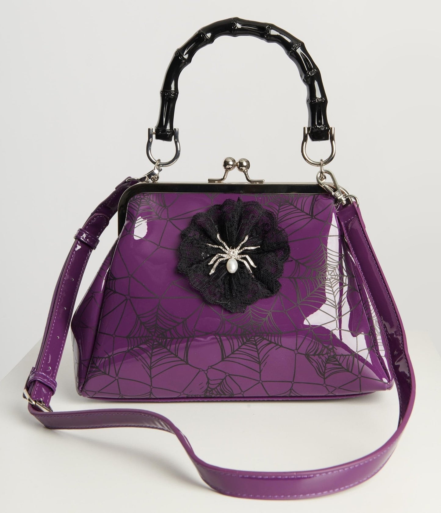 Purple Patent Leatherette Spiderweb Handbag - Unique Vintage - Womens, ACCESSORIES, HANDBAGS