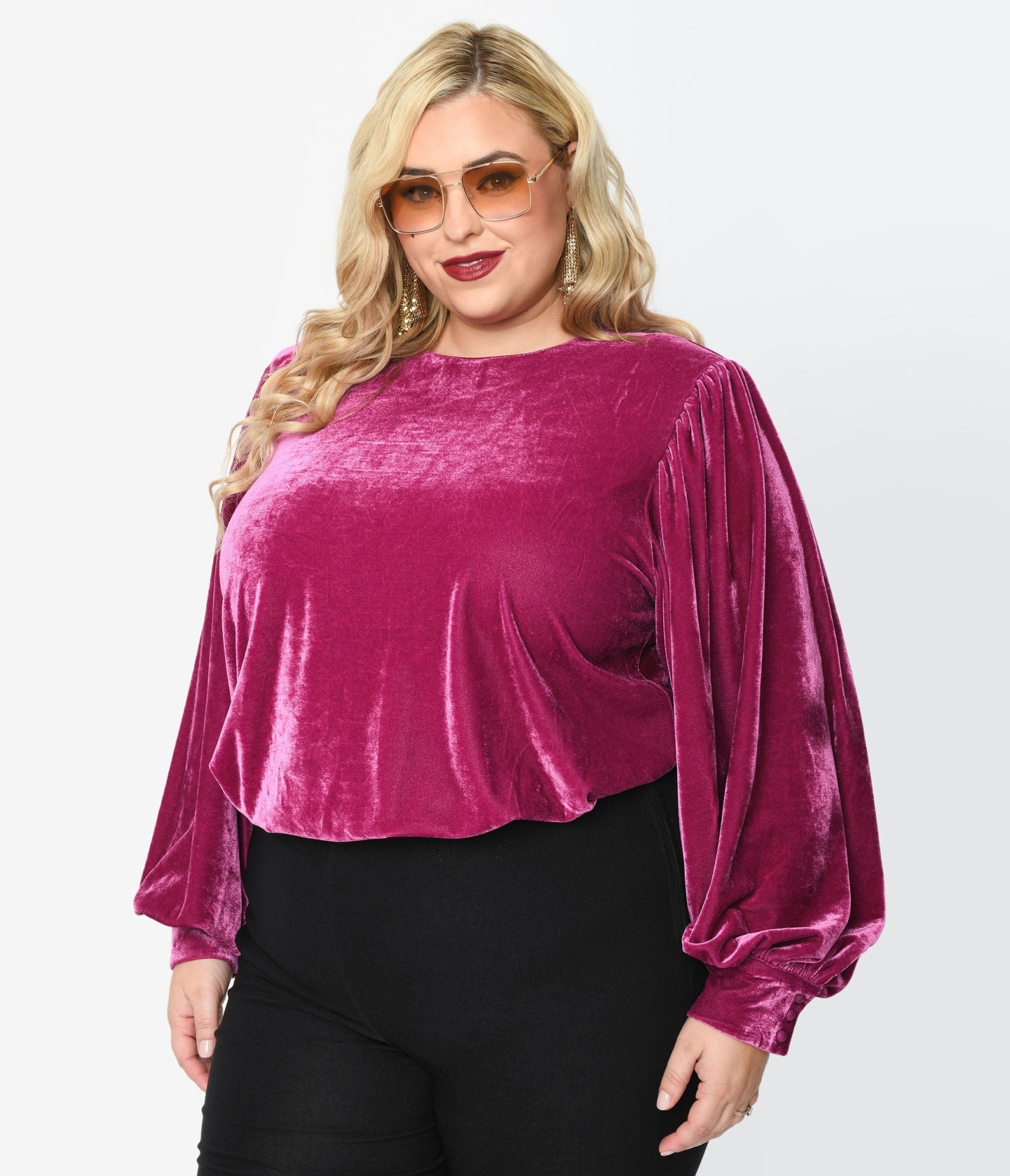 Purple Velvet Long Sleeve Top - Unique Vintage - Womens, TOPS, WOVEN TOPS