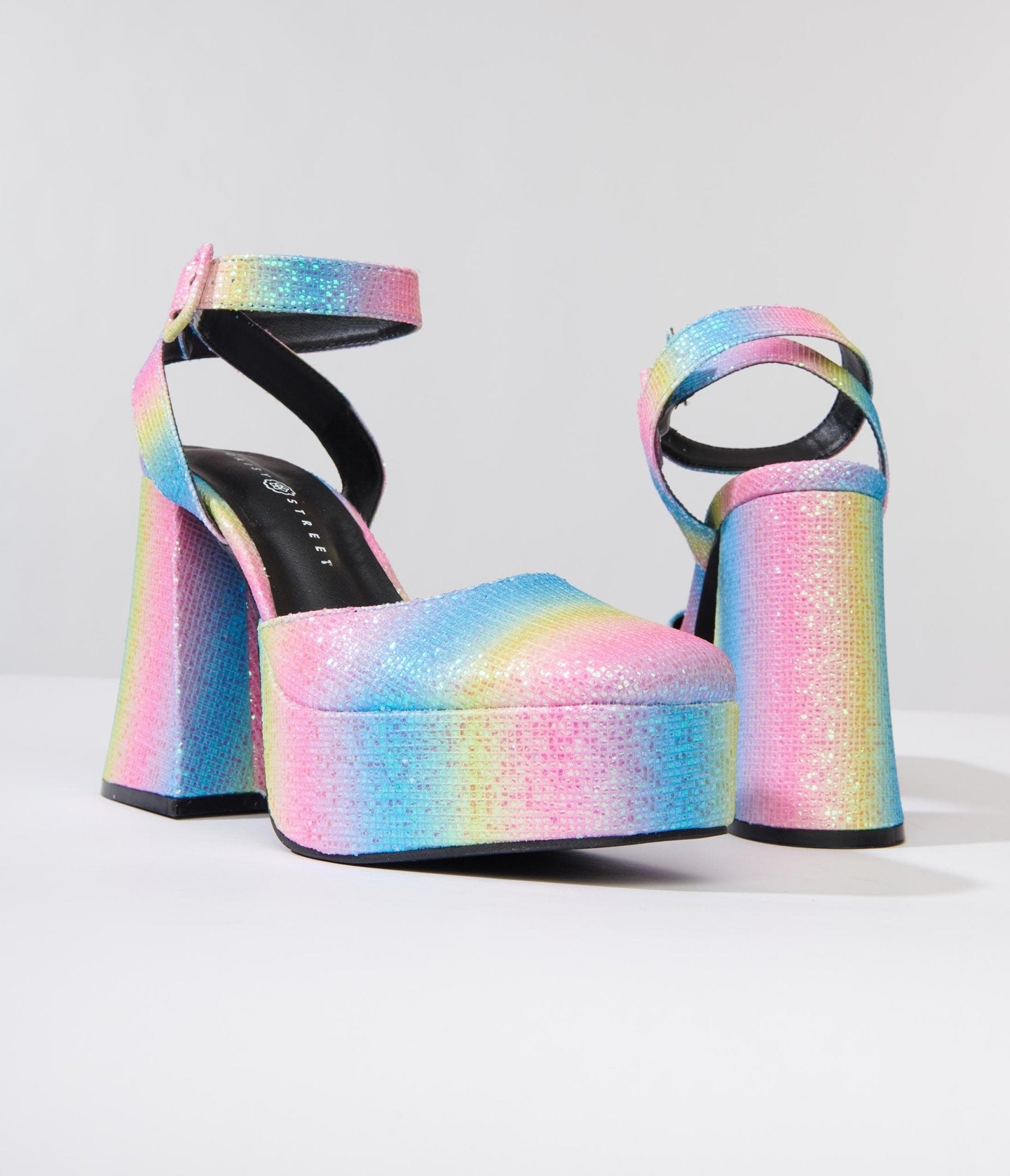 Rainbow Glitter Chunky Platform Heels - Unique Vintage - Womens, SHOES, HEELS
