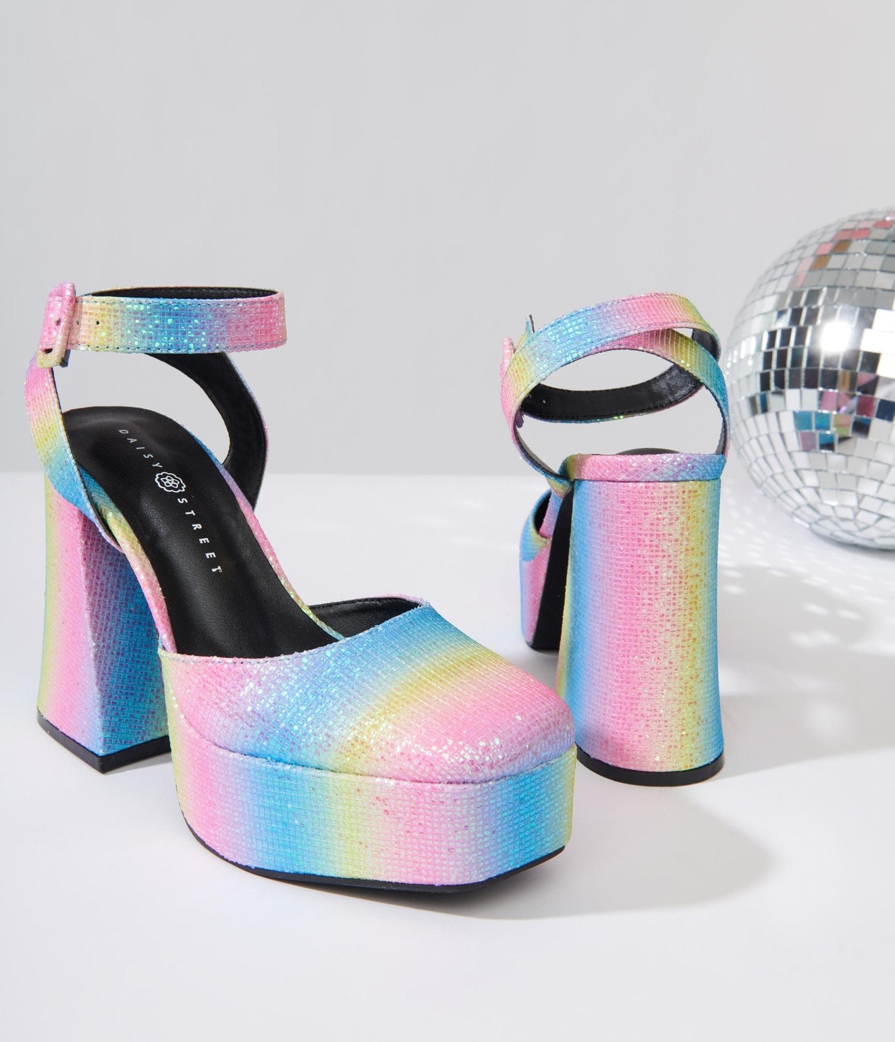 Rainbow Glitter Chunky Platform Heels - Unique Vintage - Womens, SHOES, HEELS