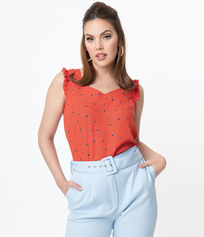 Red Abstract Pattern & Blue Floral Print Sleeveless Blouse - Unique Vintage - Womens, TOPS, WOVEN TOPS