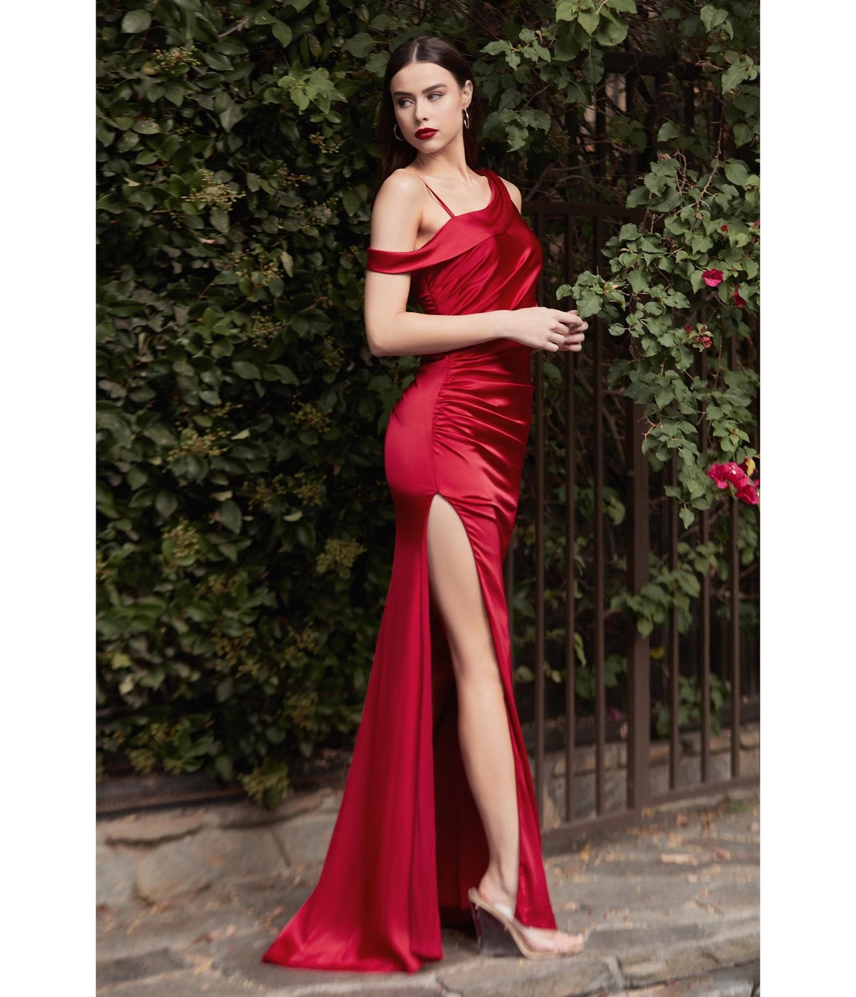 Red Asymmetrical Shoulder Satin Bridesmaid Dress - Unique Vintage - Womens, DRESSES, PROM AND SPECIAL OCCASION
