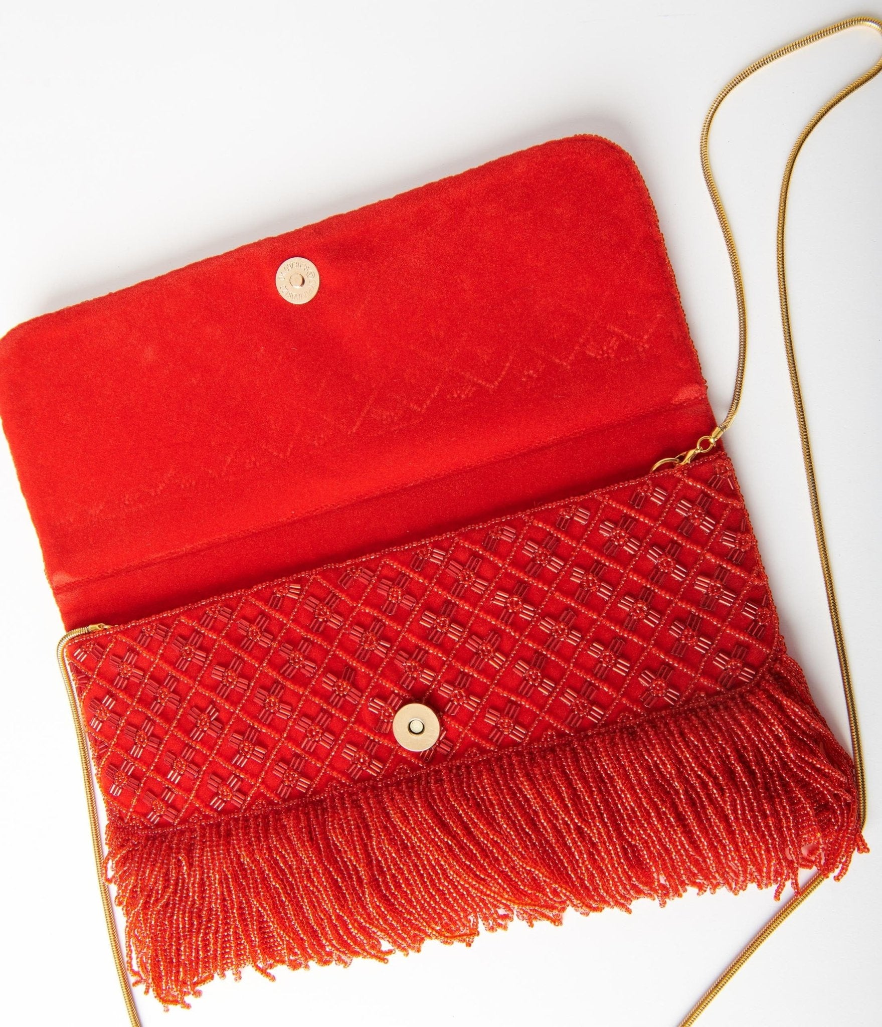 Red Beaded Fringe Envelope Clutch - Unique Vintage - Womens, ACCESSORIES, HANDBAGS