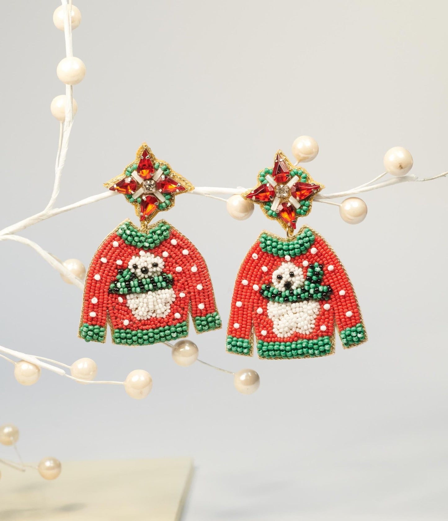 Red Beaded Holiday Sweater Drop Earrings - Unique Vintage - Womens, ACCESSORIES, JEWELRY