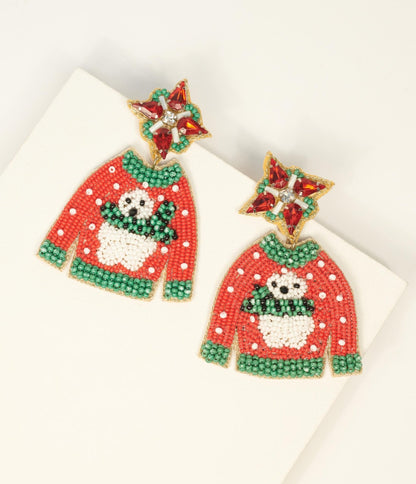 Red Beaded Holiday Sweater Drop Earrings - Unique Vintage - Womens, ACCESSORIES, JEWELRY