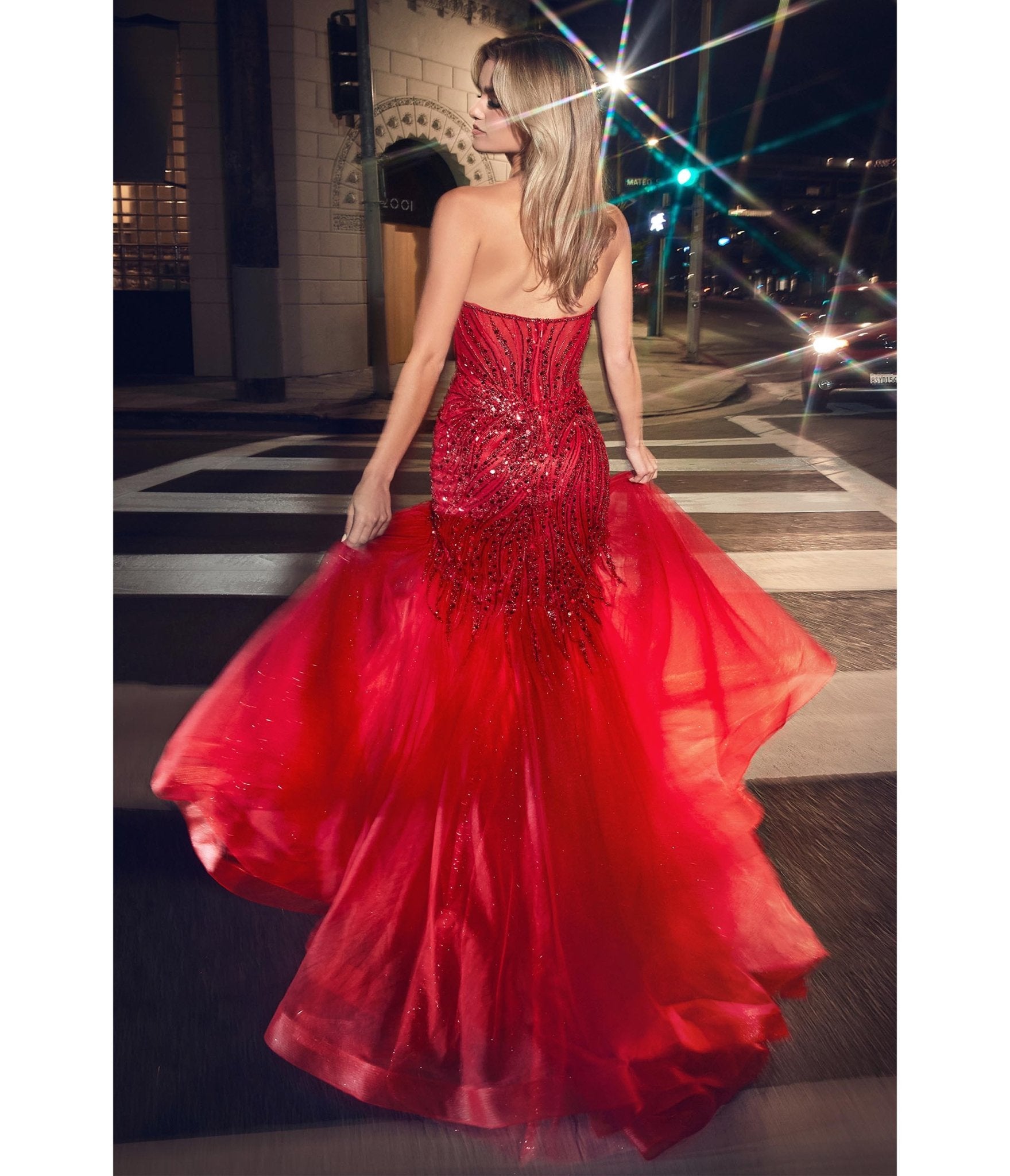 Red Beaded Sequin Strapless Mermaid Prom Dress - Unique Vintage - Womens, DRESSES, PROM AND SPECIAL OCCASION