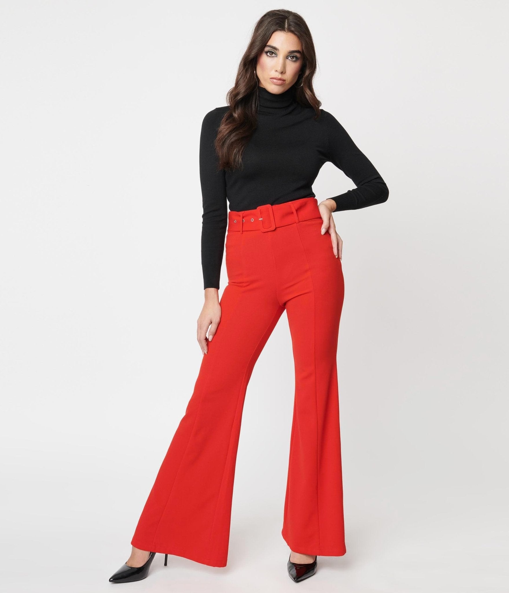 Red Belted Flare Pants - Unique Vintage - Womens, BOTTOMS, PANTS