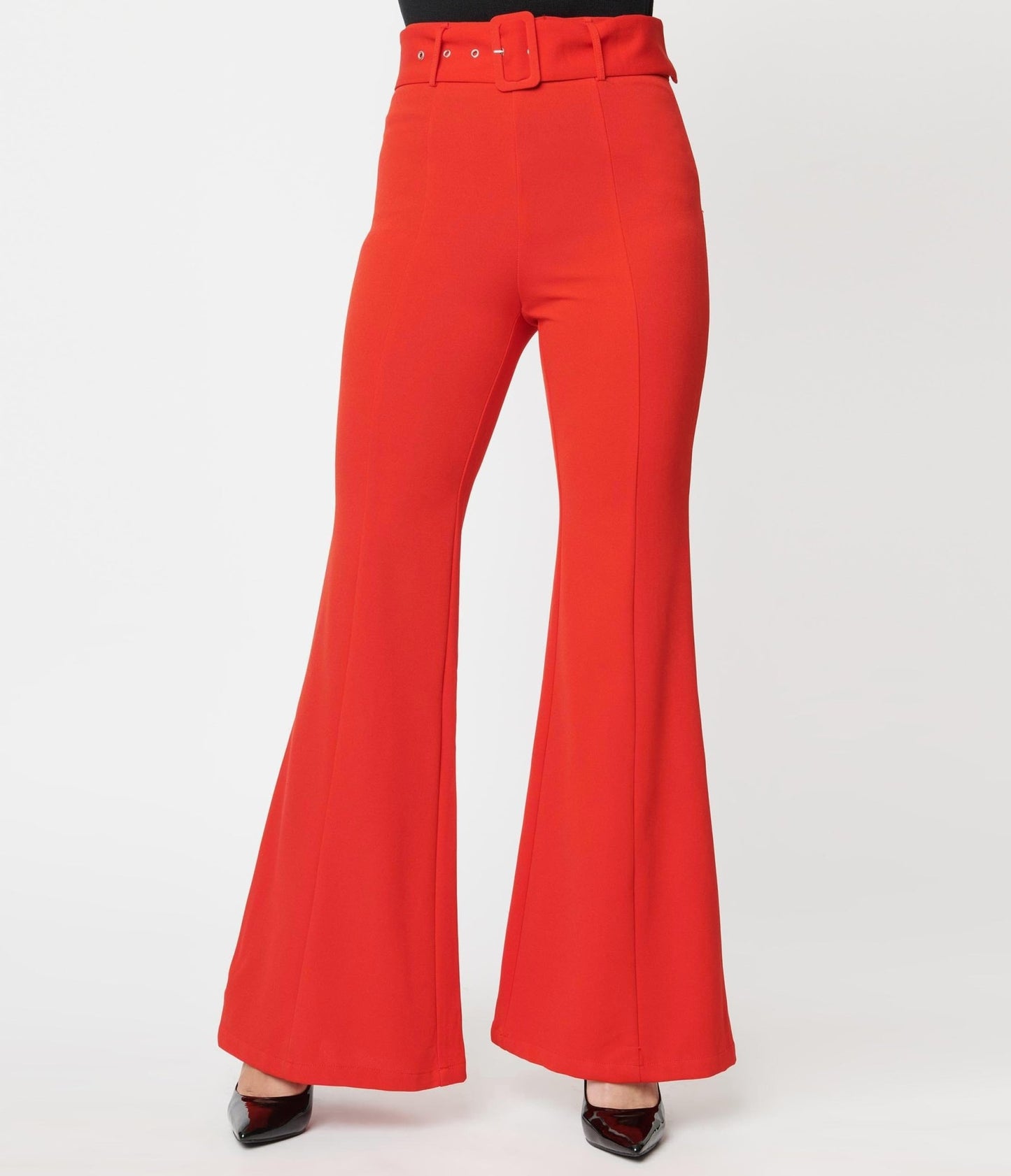 Red Belted Flare Pants - Unique Vintage - Womens, BOTTOMS, PANTS