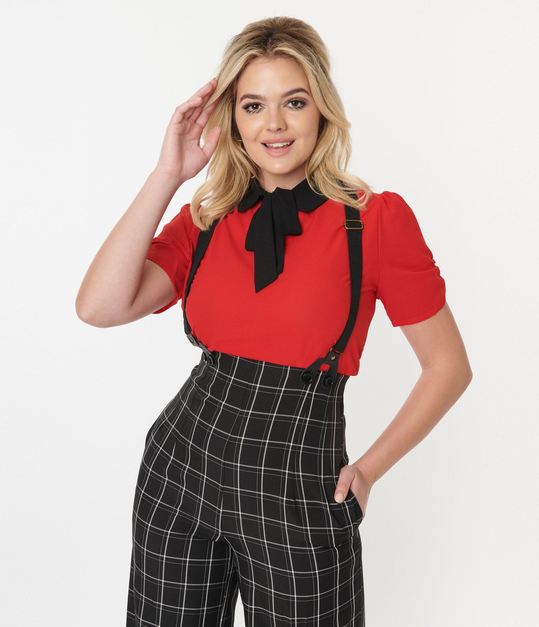 Red & Black Bow Blouse - Unique Vintage - Womens, TOPS, KNIT TOPS
