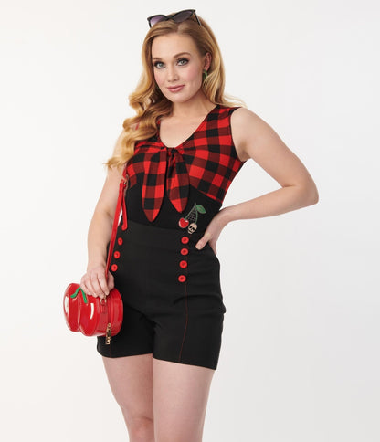 Red & Black Plaid Cherry Skull Top - Unique Vintage - Womens, TOPS, WOVEN TOPS