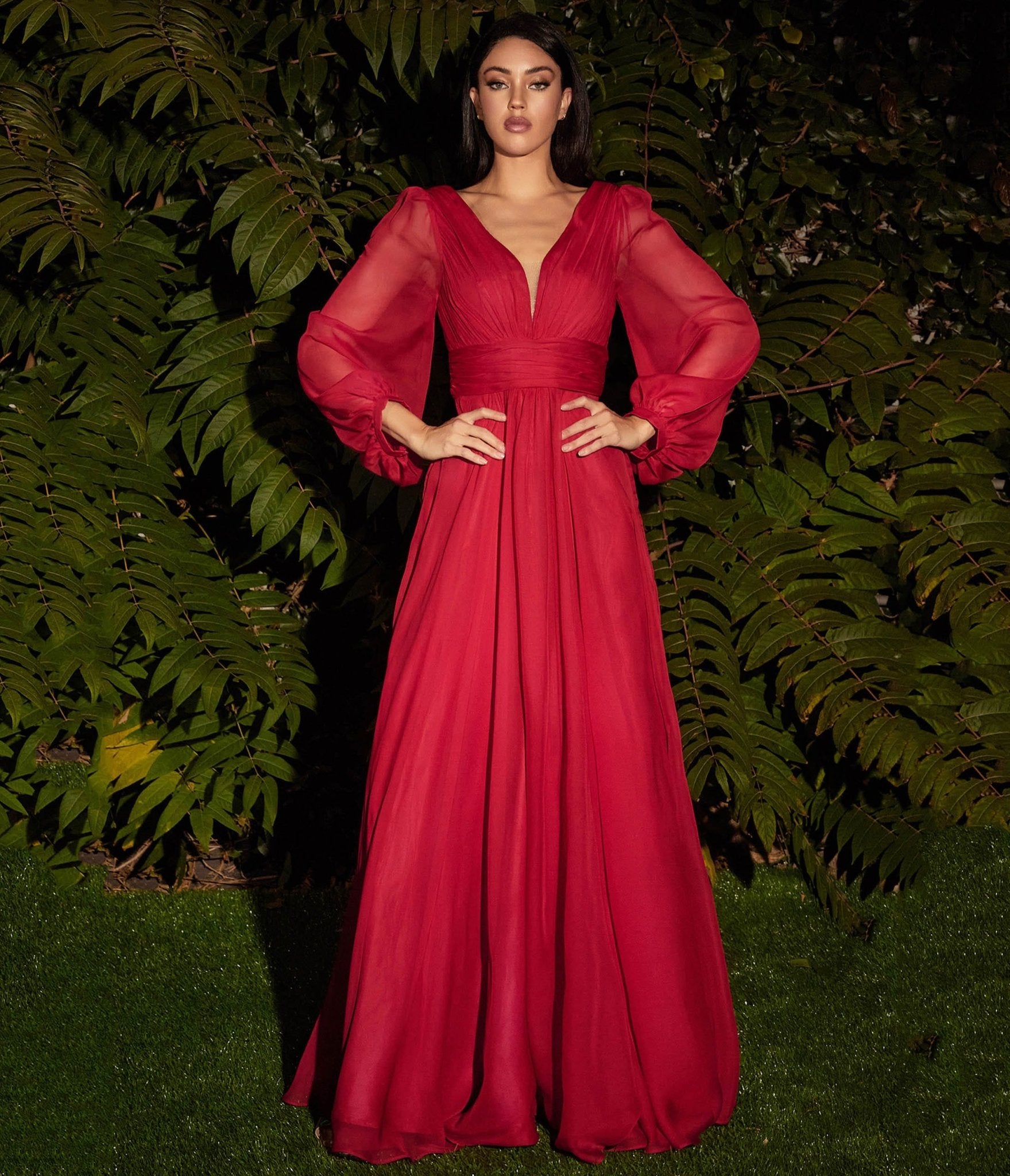 Red Chiffon Sleeve Prom Goddess Gown - Unique Vintage - Womens, DRESSES, PROM AND SPECIAL OCCASION