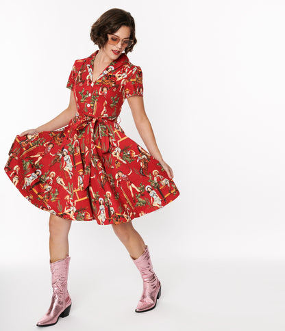 Red & Cowgirl Print Swing Shirt Dress - Unique Vintage - Womens, DRESSES, SWING