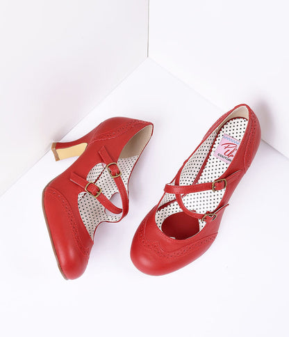 Red Faux Leather Detailed Heel - Unique Vintage - Womens, SHOES, HEELS