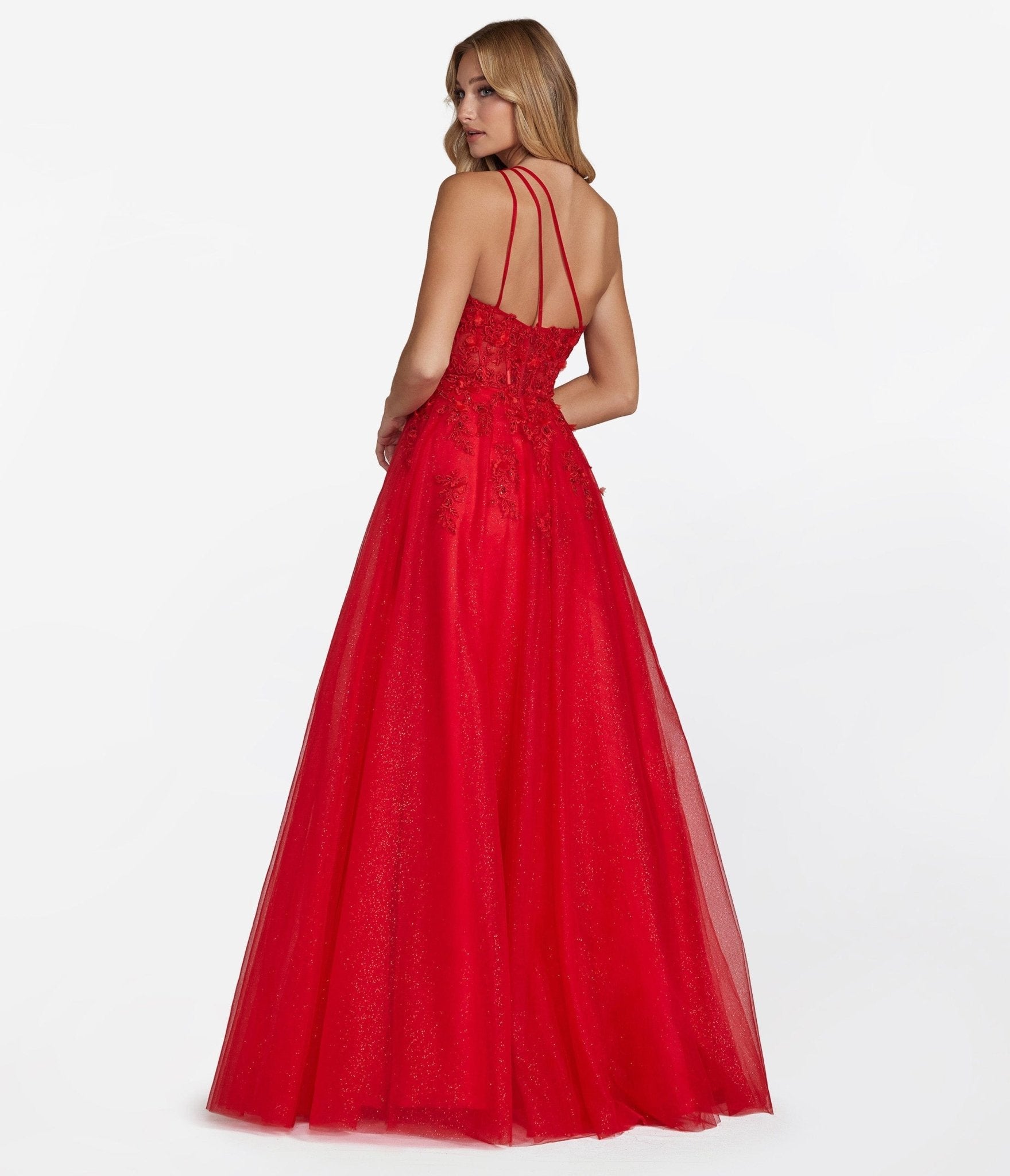 Red Floral Coset & Glitter Tulle Prom Ball Gown - Unique Vintage - Womens, DRESSES, PROM AND SPECIAL OCCASION