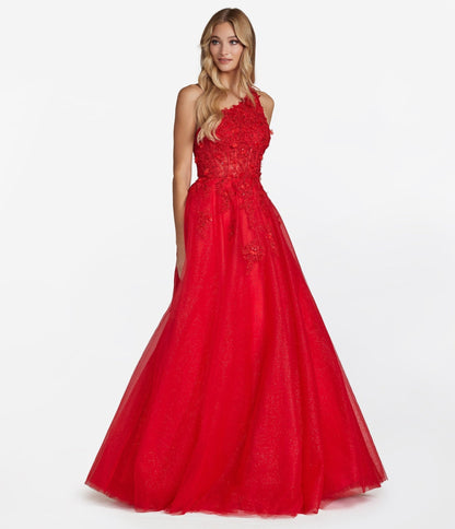 Red Floral Coset & Glitter Tulle Prom Ball Gown - Unique Vintage - Womens, DRESSES, PROM AND SPECIAL OCCASION