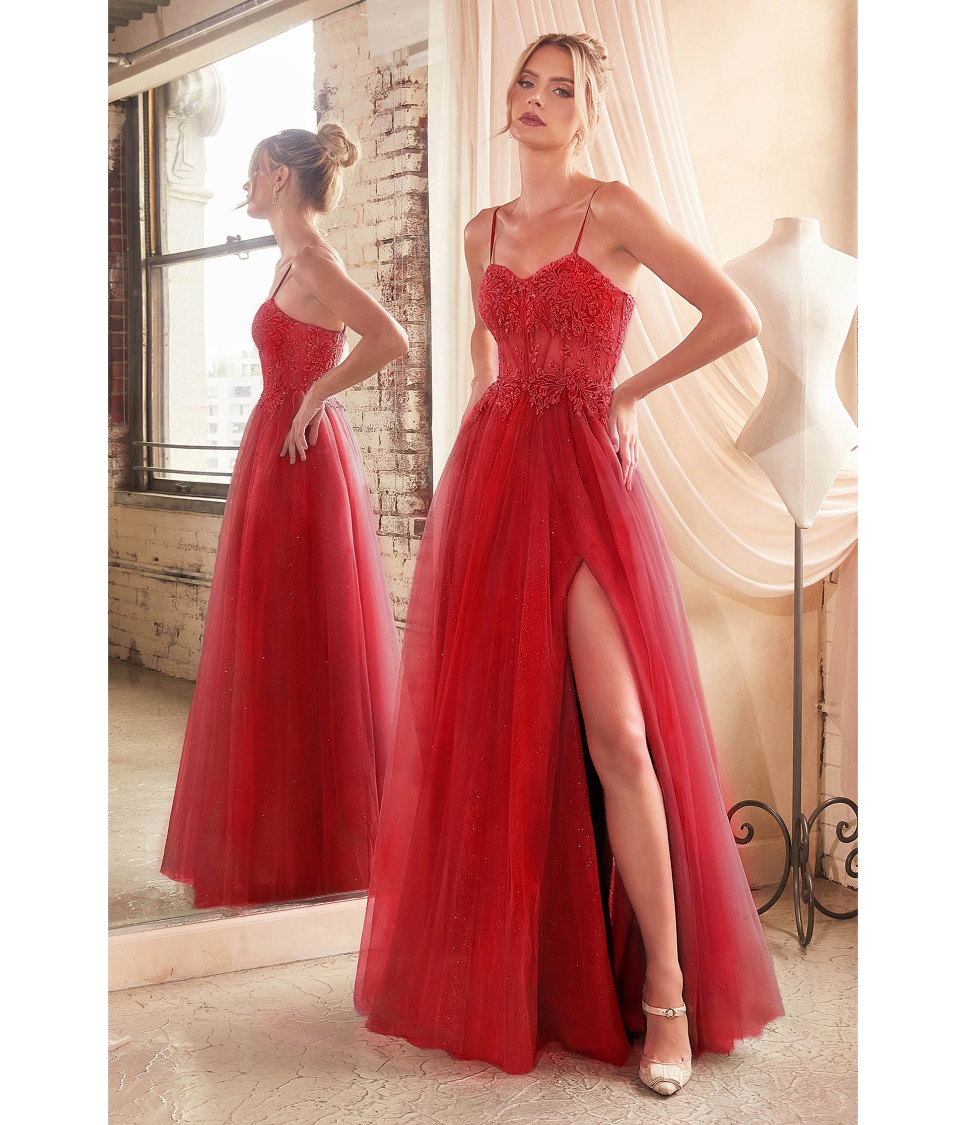 Red Foliage Applique Corset Tulle Gown - Unique Vintage - Womens, DRESSES, PROM AND SPECIAL OCCASION