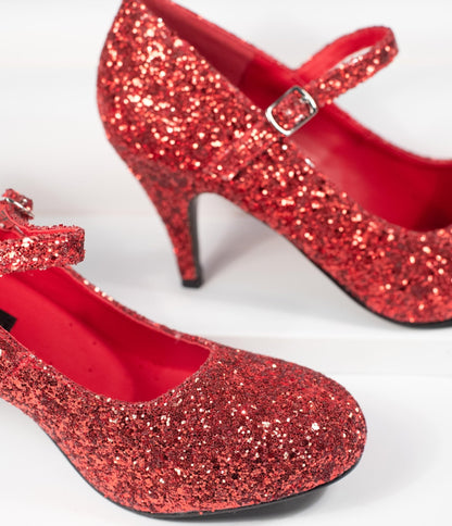 Red Glitter Mary Jane Glinda Heels - Unique Vintage - Womens, SHOES, HEELS
