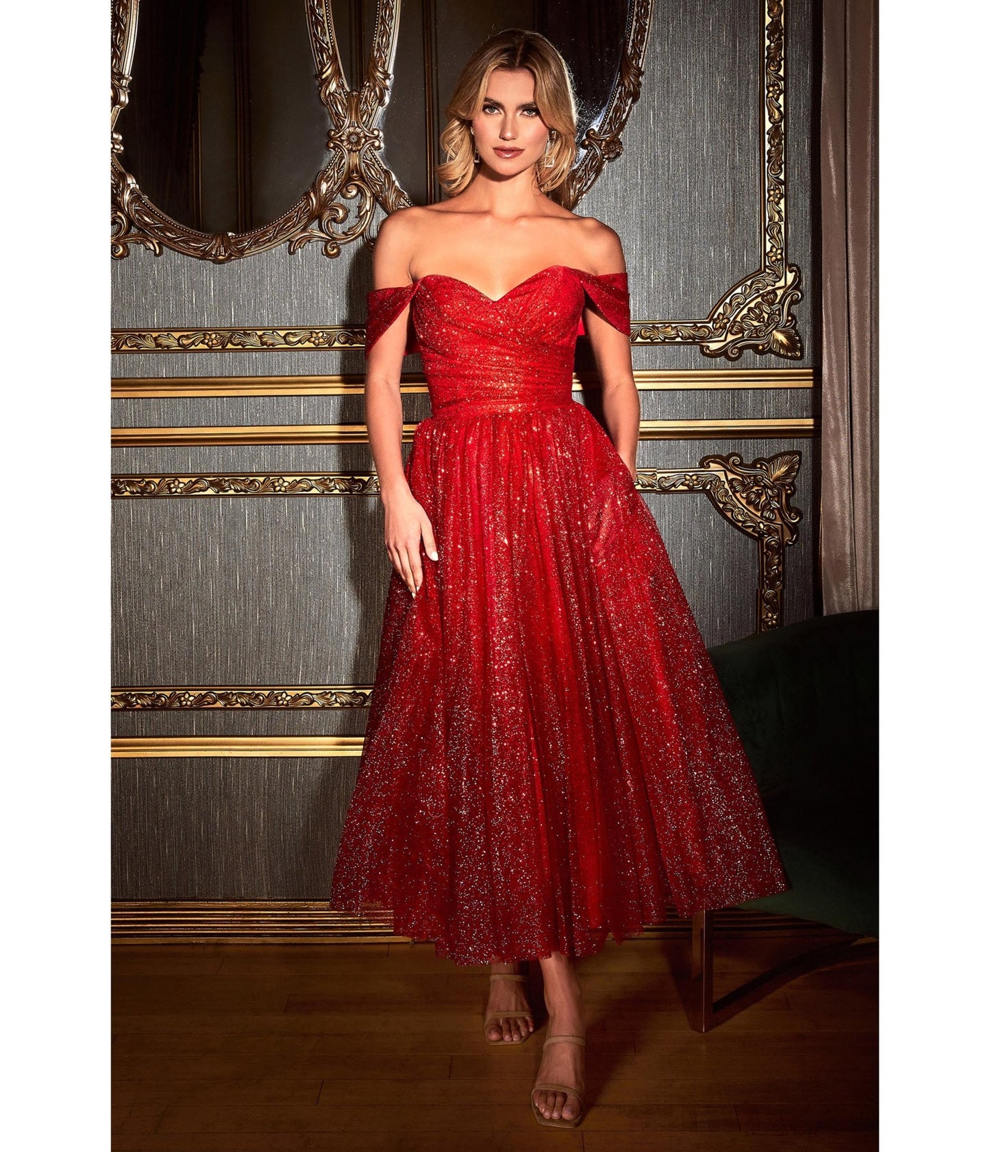 Red Glitter Off The Shoulder Tea Length Dress - Unique Vintage - Womens, DRESSES, PROM AND SPECIAL OCCASION