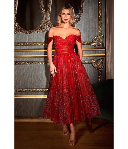 Red Glitter Off The Shoulder Tea Length Dress - Unique Vintage - Womens, DRESSES, PROM AND SPECIAL OCCASION