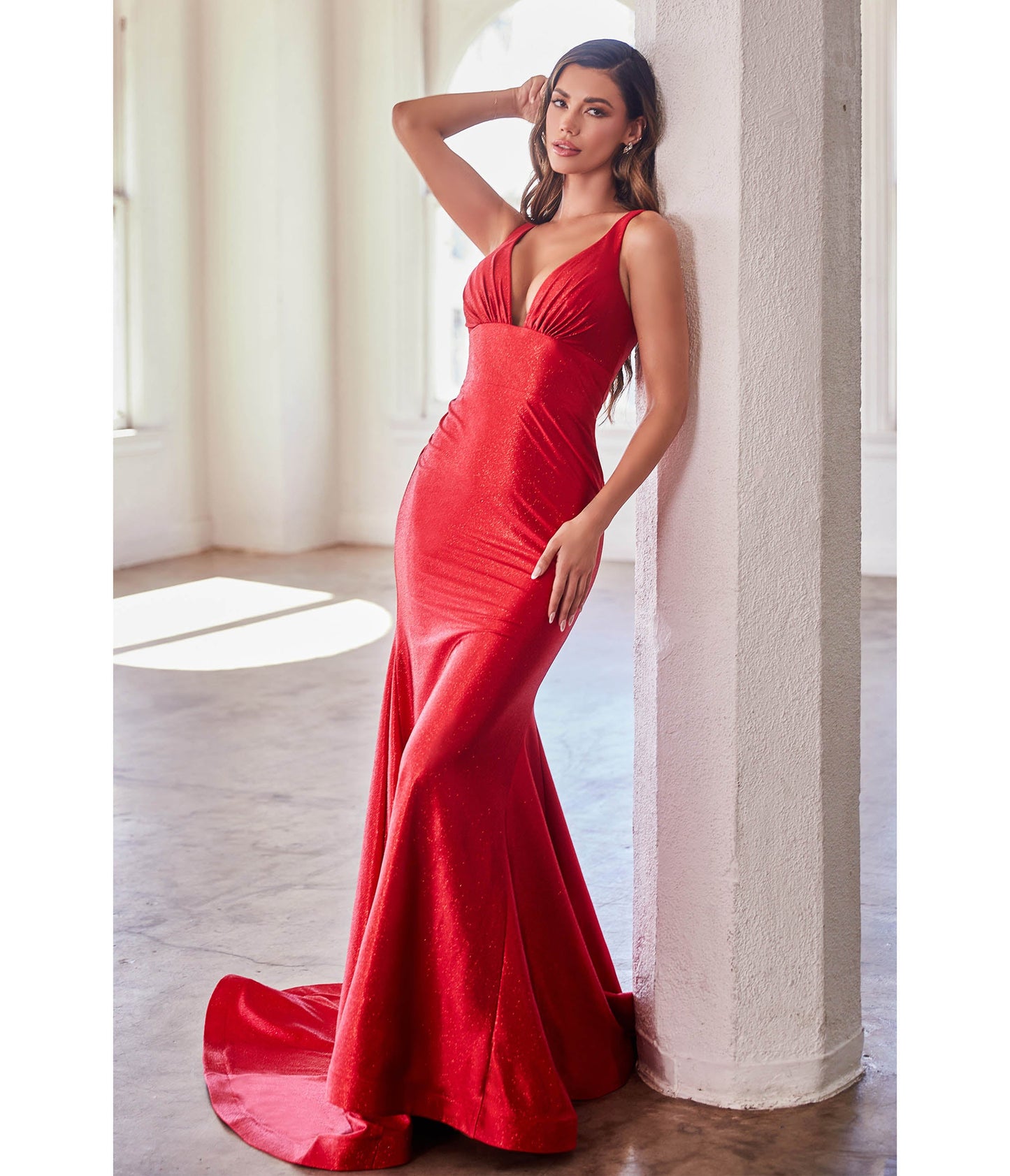 Red Glitter Satin Plunging Mermaid Gown - Unique Vintage - Womens, DRESSES, PROM AND SPECIAL OCCASION