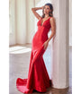 Cinderella Divine  Red Glitter Satin Plunging Mermaid Gown