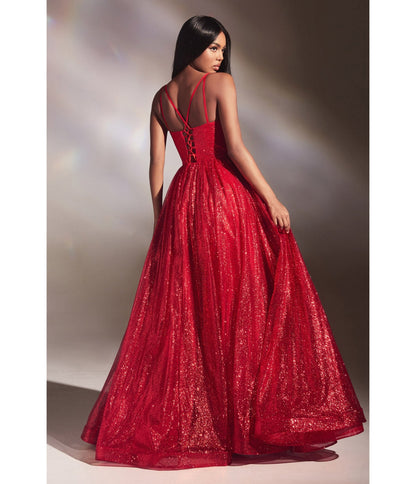 Red Glitter Sleeveless Ball Gown - Unique Vintage - Womens, DRESSES, PROM AND SPECIAL OCCASION