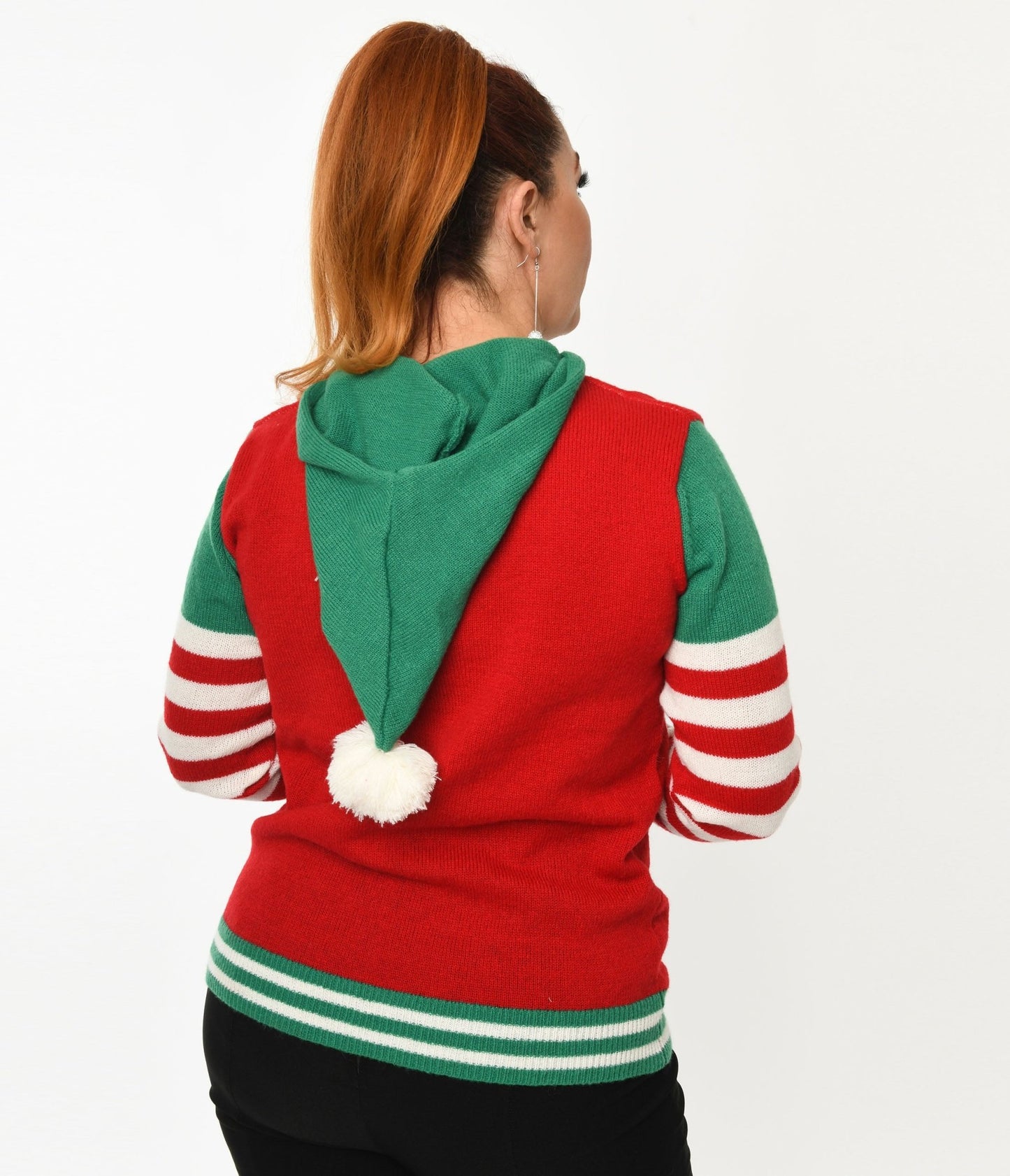 Red & Green Elf Hooded Holiday Sweater - Unique Vintage - Womens, TOPS, SWEATERS