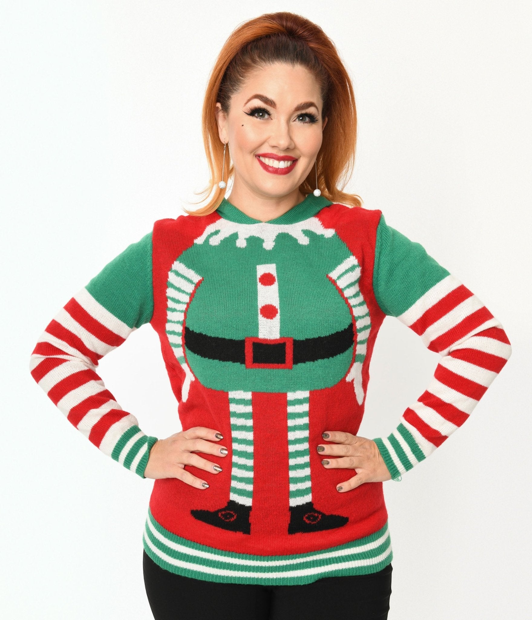 Red & Green Elf Hooded Holiday Sweater - Unique Vintage - Womens, TOPS, SWEATERS