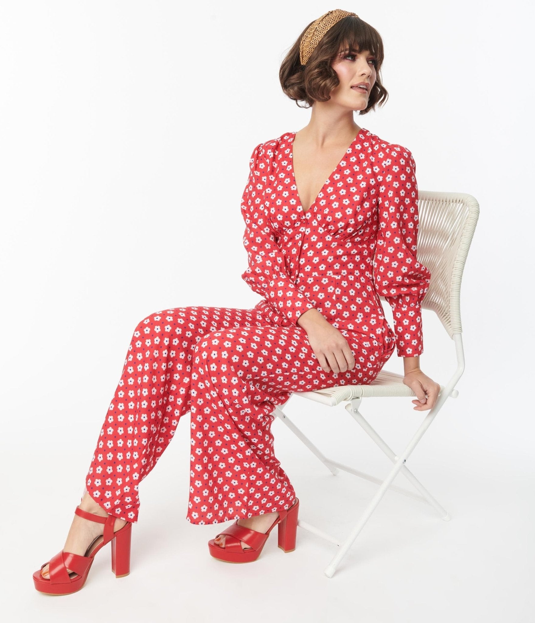 Red & Hawana Floral Print Jumpsuit - Unique Vintage - Womens, BOTTOMS, ROMPERS AND JUMPSUITS