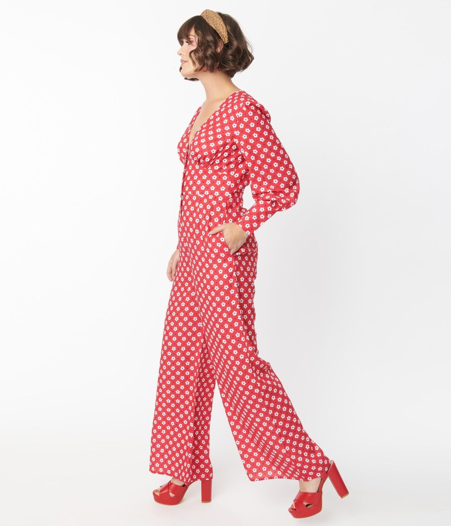 Red & Hawana Floral Print Jumpsuit - Unique Vintage - Womens, BOTTOMS, ROMPERS AND JUMPSUITS