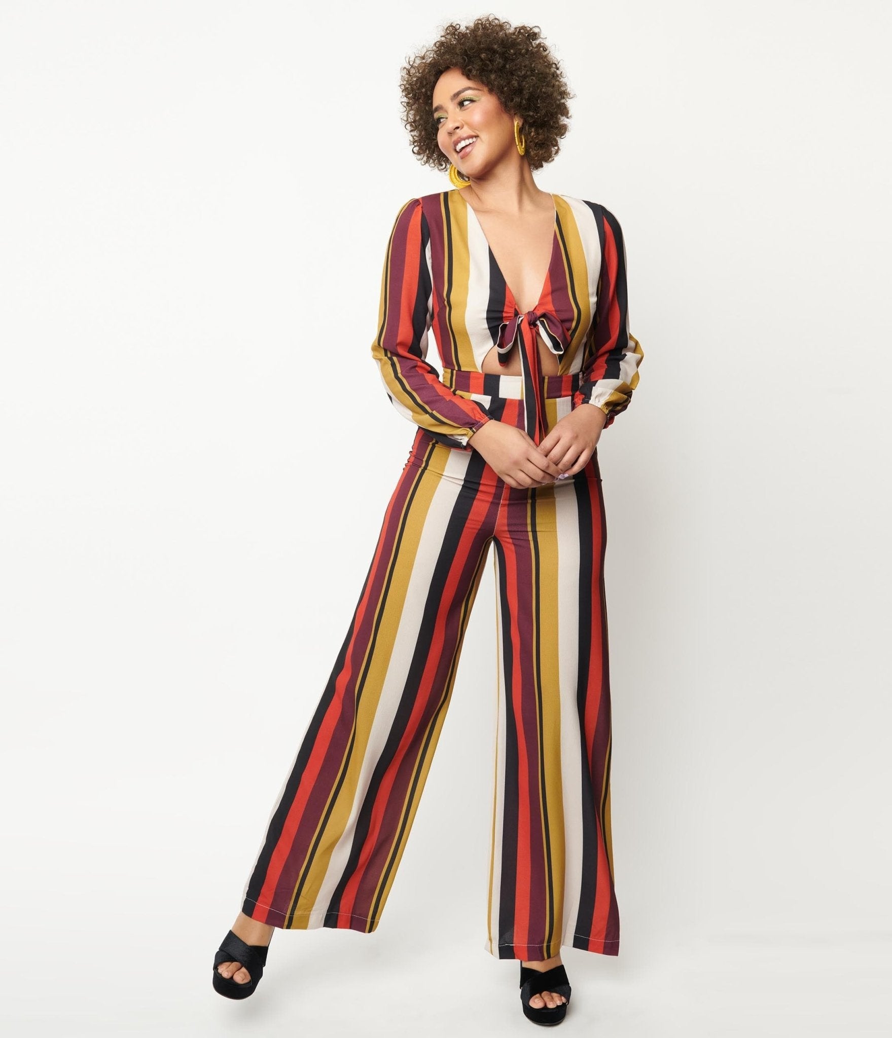 Red & Mustard Stripe Front Tie Jumpsuit - Unique Vintage - Womens, BOTTOMS, ROMPERS AND JUMPSUITS