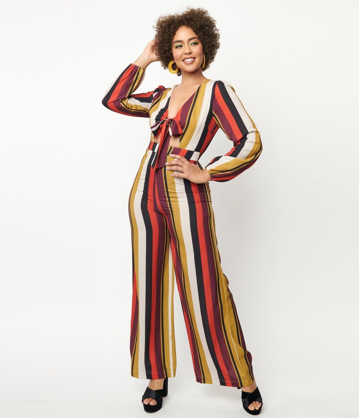 Red & Mustard Stripe Front Tie Jumpsuit - Unique Vintage - Womens, BOTTOMS, ROMPERS AND JUMPSUITS