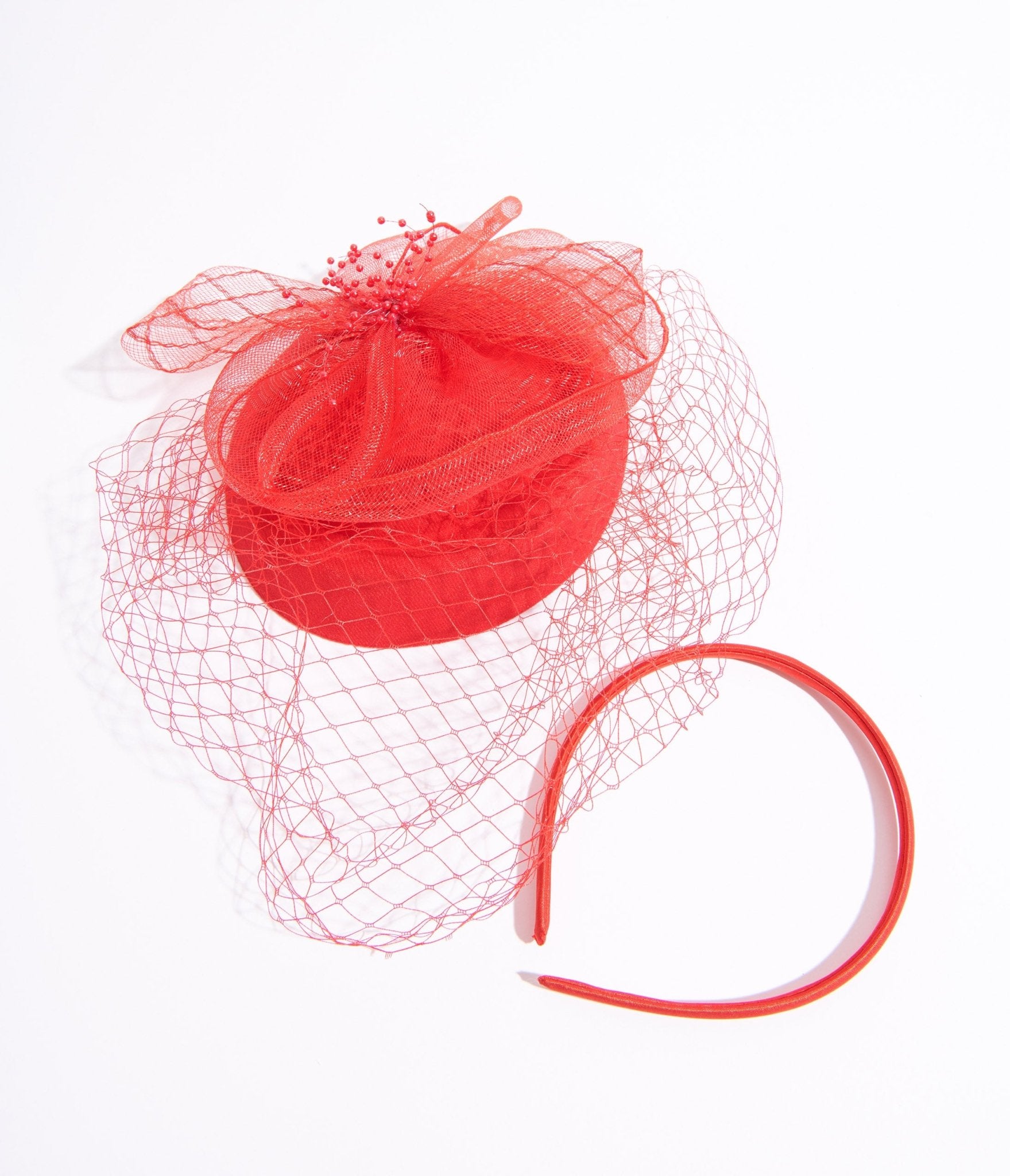 Red Netted Pillbox Fascinator Headband - Unique Vintage - Womens, ACCESSORIES, HAIR