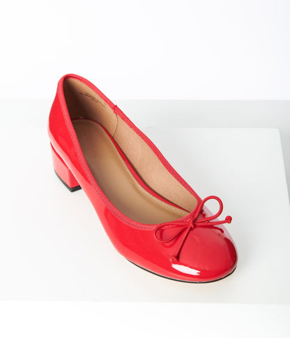 Red Patent Leatherette Ballet Kitten Heels - Unique Vintage - Womens, SHOES, HEELS