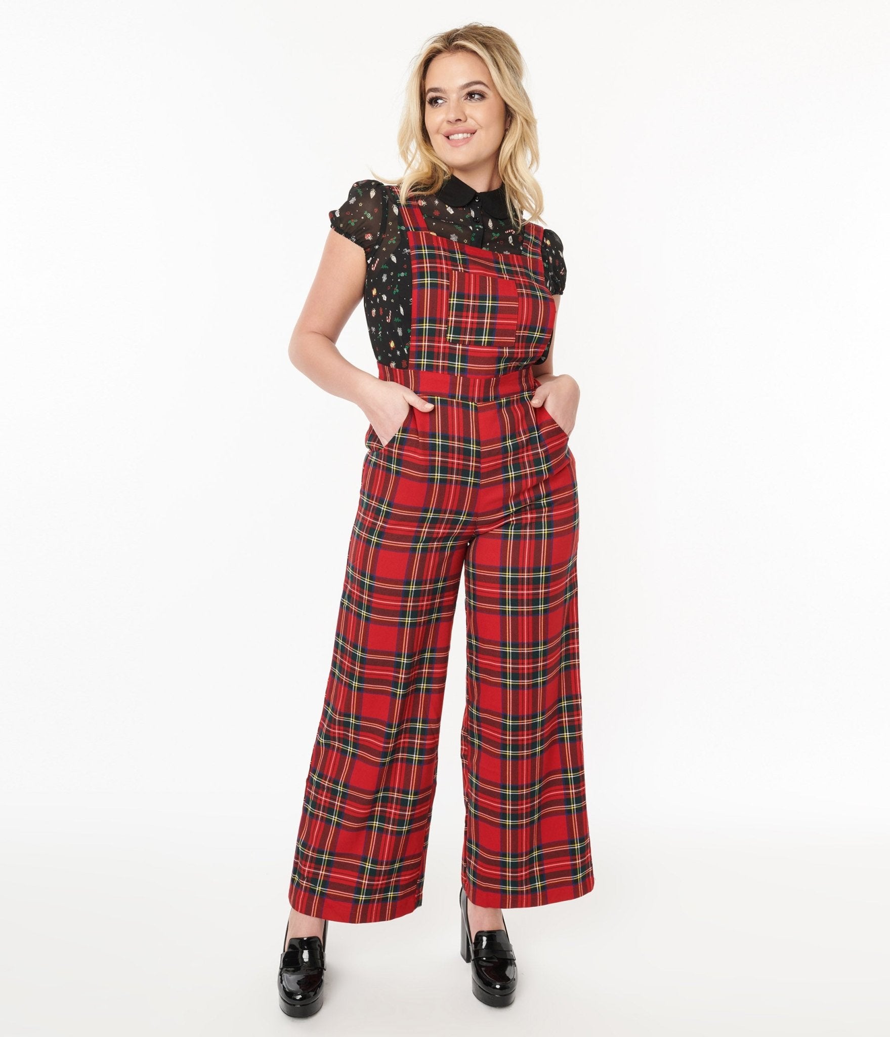 Red Plaid Wide Leg Overalls - Unique Vintage - Womens, BOTTOMS, ROMPERS AND JUMPSUITS