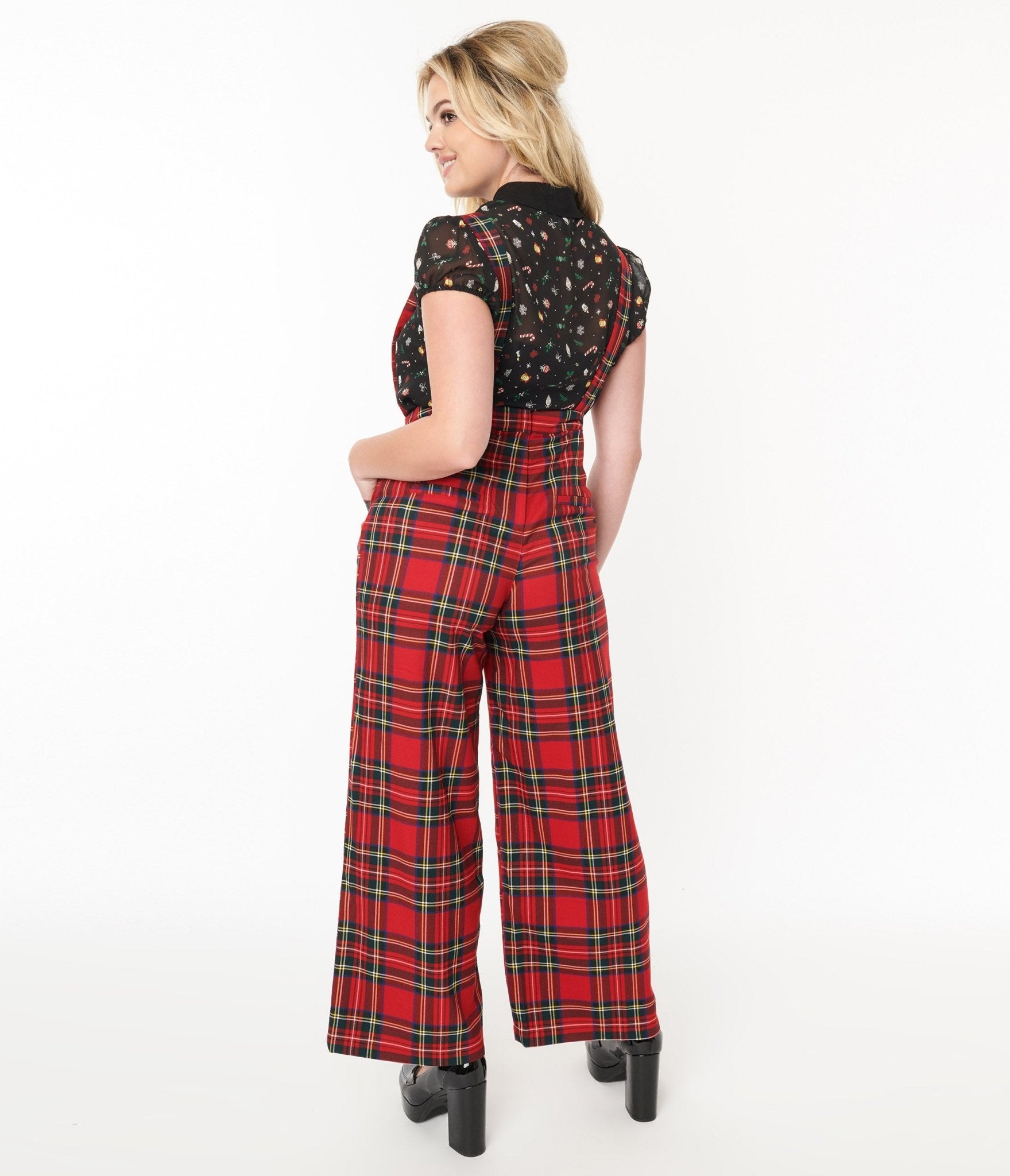 Red Plaid Wide Leg Overalls - Unique Vintage - Womens, BOTTOMS, ROMPERS AND JUMPSUITS