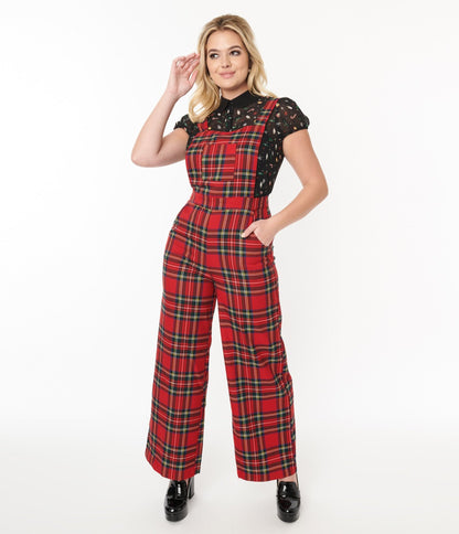 Red Plaid Wide Leg Overalls - Unique Vintage - Womens, BOTTOMS, ROMPERS AND JUMPSUITS