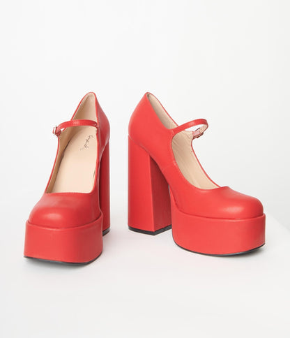 Red Platform Mary Jane Heels - Unique Vintage - Womens, SHOES, HEELS
