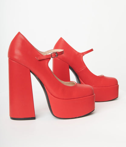 Red Platform Mary Jane Heels - Unique Vintage - Womens, SHOES, HEELS
