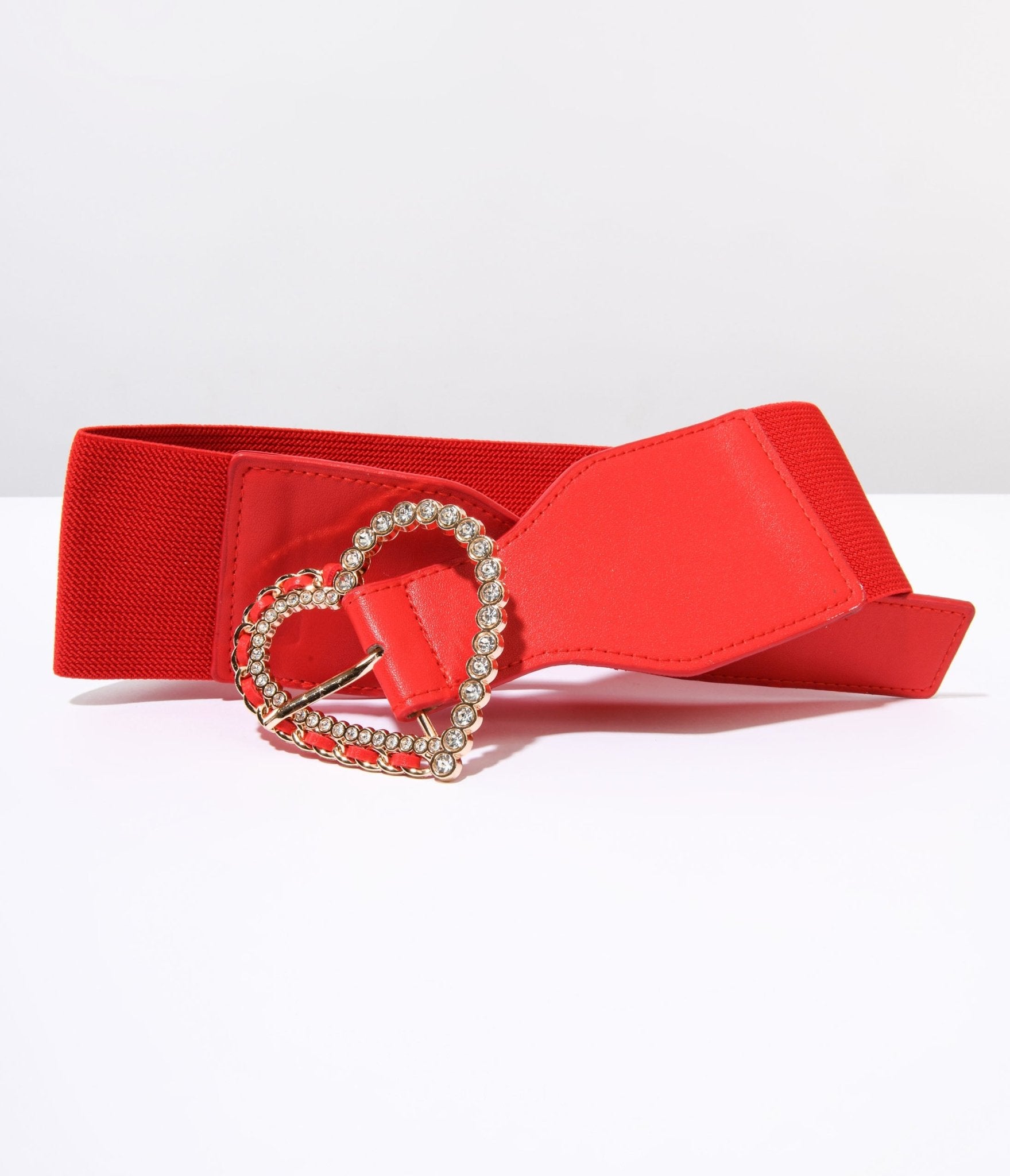 Red Rhinestone Heart Buckle Cinch Belt - Unique Vintage - Womens, ACCESSORIES, BELTS