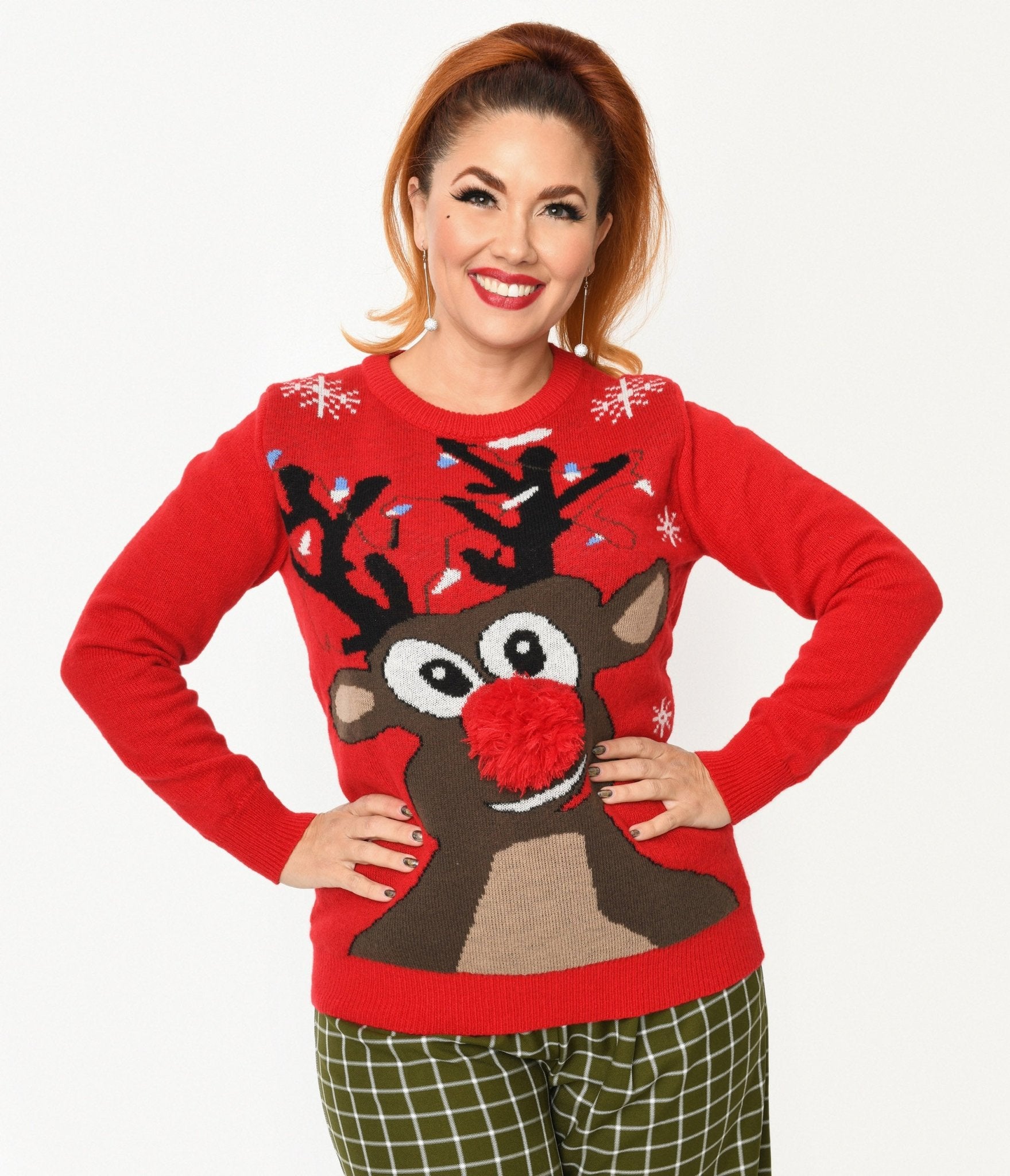Red Rudolph Holiday Sweater - Unique Vintage - Womens, TOPS, SWEATERS