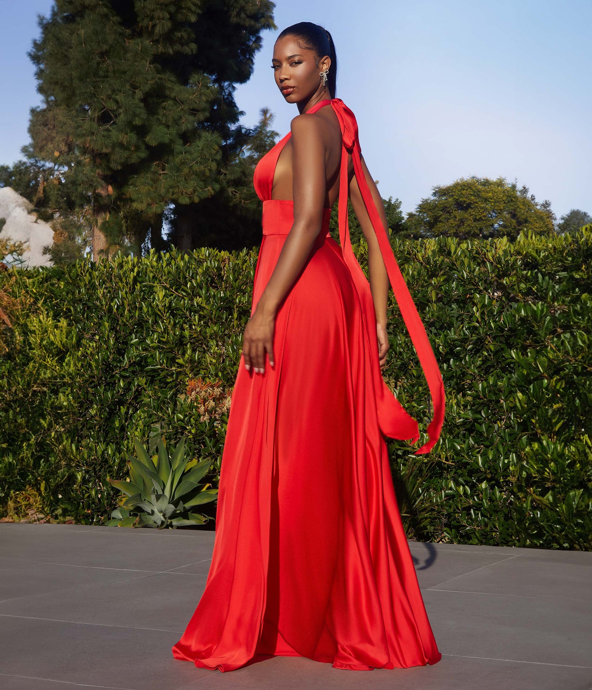 Red Satin Convertible Halter Evening Gown - Unique Vintage - Womens, DRESSES, PROM AND SPECIAL OCCASION