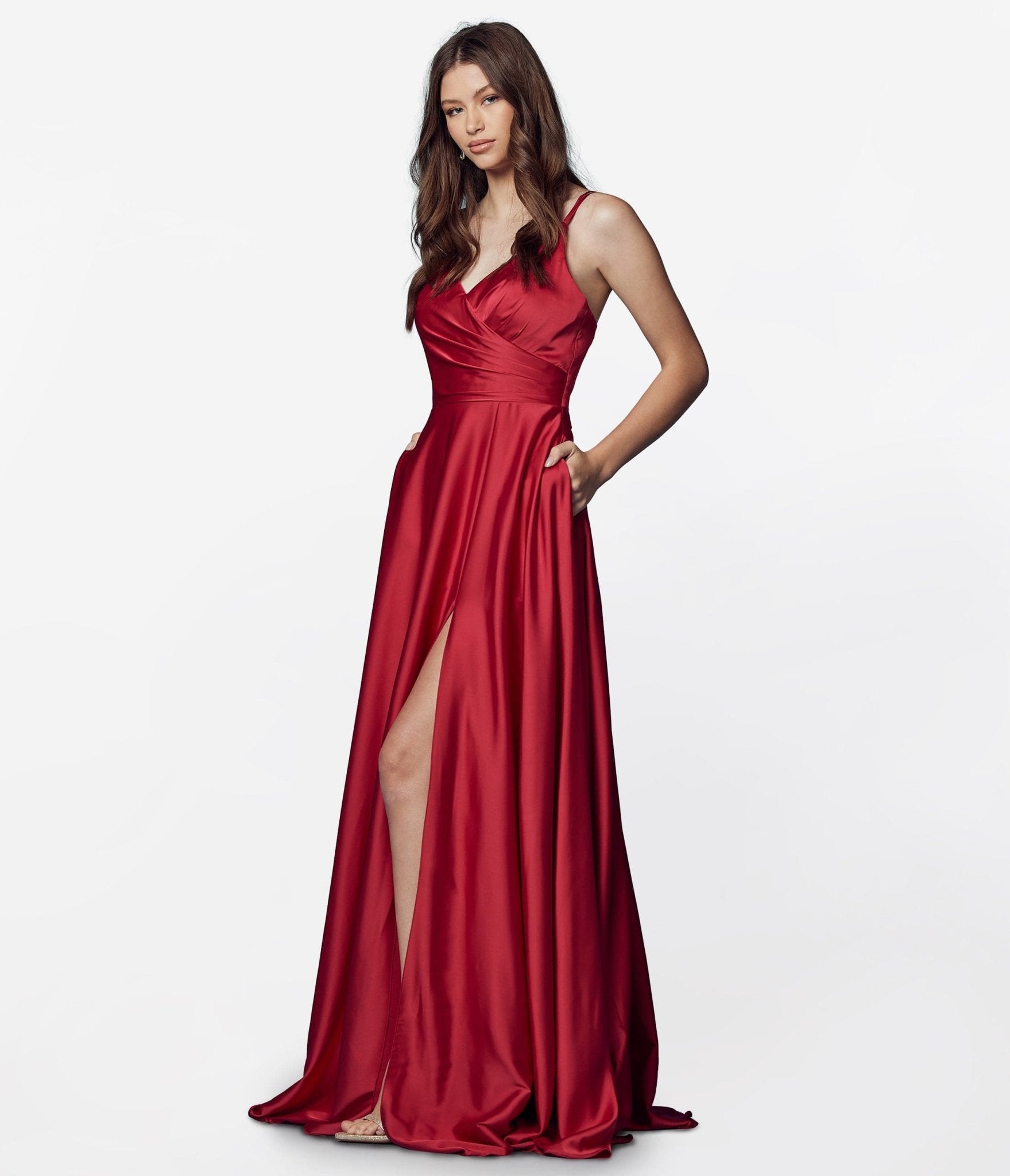 Red Satin Full Length Prom Dress - Unique Vintage - Womens, DRESSES, PROM AND SPECIAL OCCASION