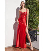 Cinderella Divine  Red Satin Sleeveless Beaded Corset Prom Dress