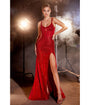 Cinderella Divine  Red Sequin Beaded High Slit Fitted Prom Gown