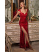 Cinderella Divine  Red Sequin Cap Sleeve Fitted Prom Gown