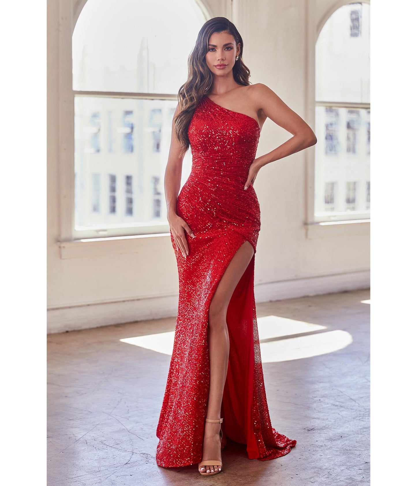 Red Sequin One Shoulder Slit Evening Gown - Unique Vintage - Womens, DRESSES, PROM AND SPECIAL OCCASION