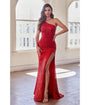 Cinderella Divine  Red Sequin One Shoulder Slit Evening Gown